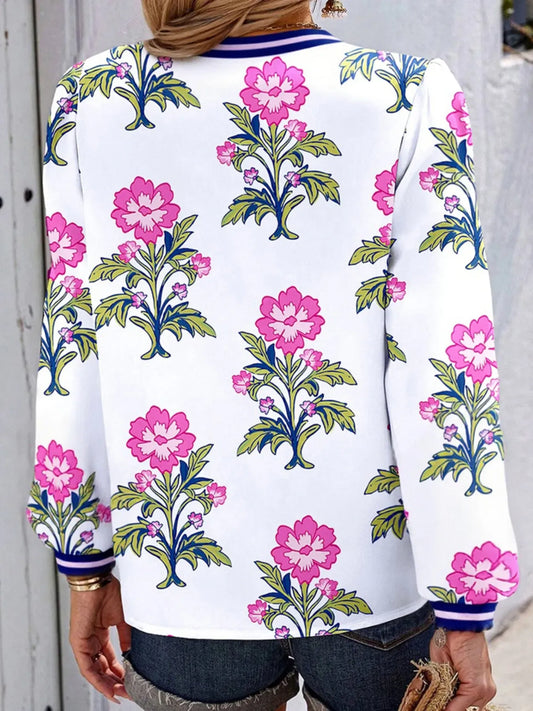 Floral Print Striped V Neck Blouse - Maison Novaire
