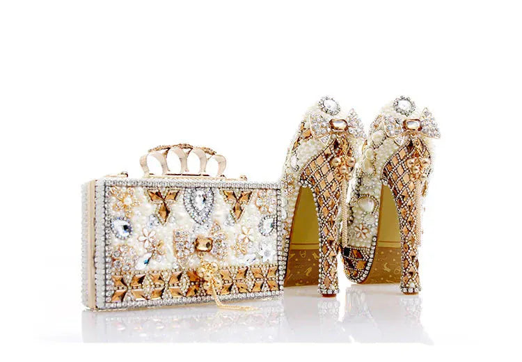 Luxury Beige Pearl Wedding Shoes with matching Bag. - BLAKESTORE-NG