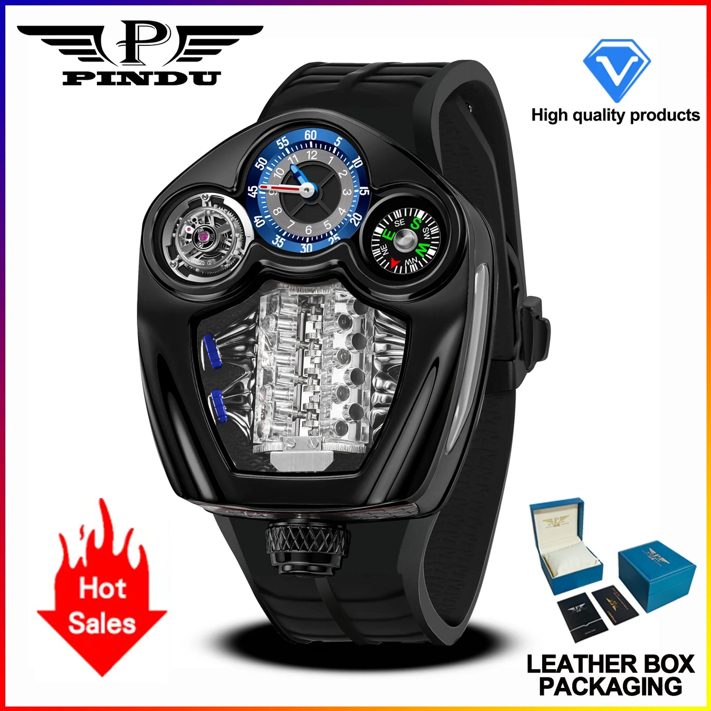 PINDU Engine Series Quartz Watch for Men | Luxury Stainless Steel Compass Watch - Maison Novaire