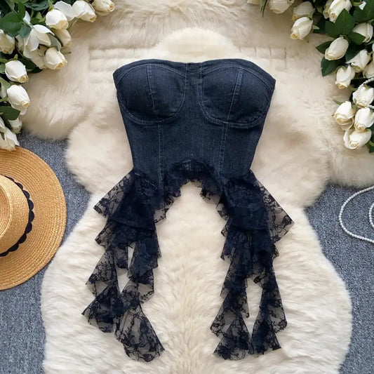 Sexy Spliced Lace Crop Top | Korean Corset Bustier Tank - Maison Novaire