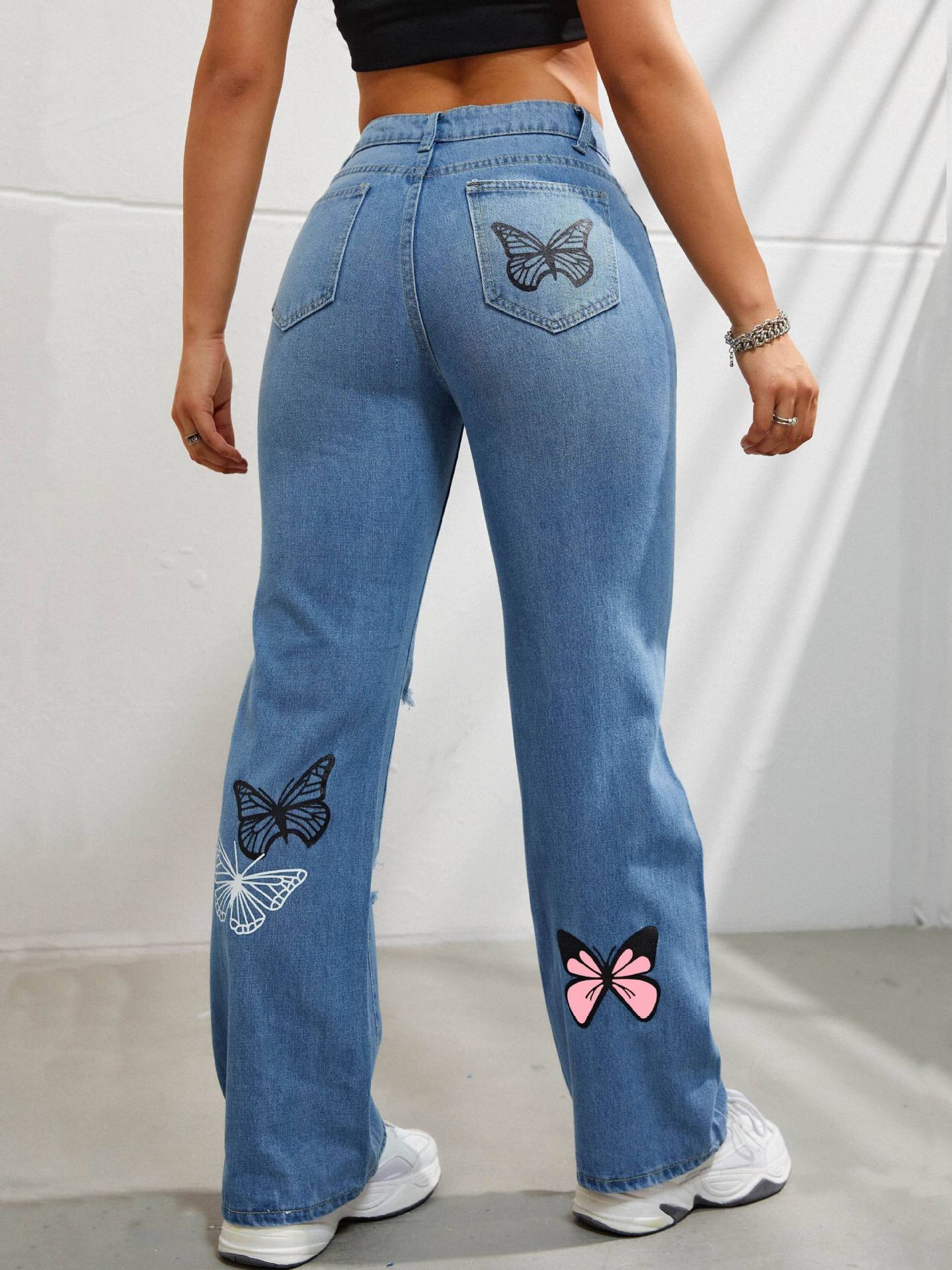 Trendy High Waisted Butterfly Leg Jeans For Women