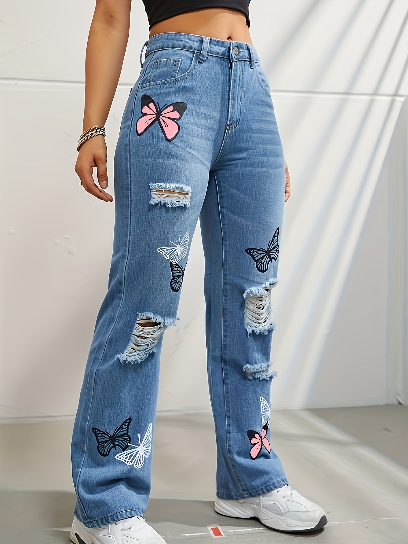 Trendy High Waisted Butterfly Leg Jeans For Women