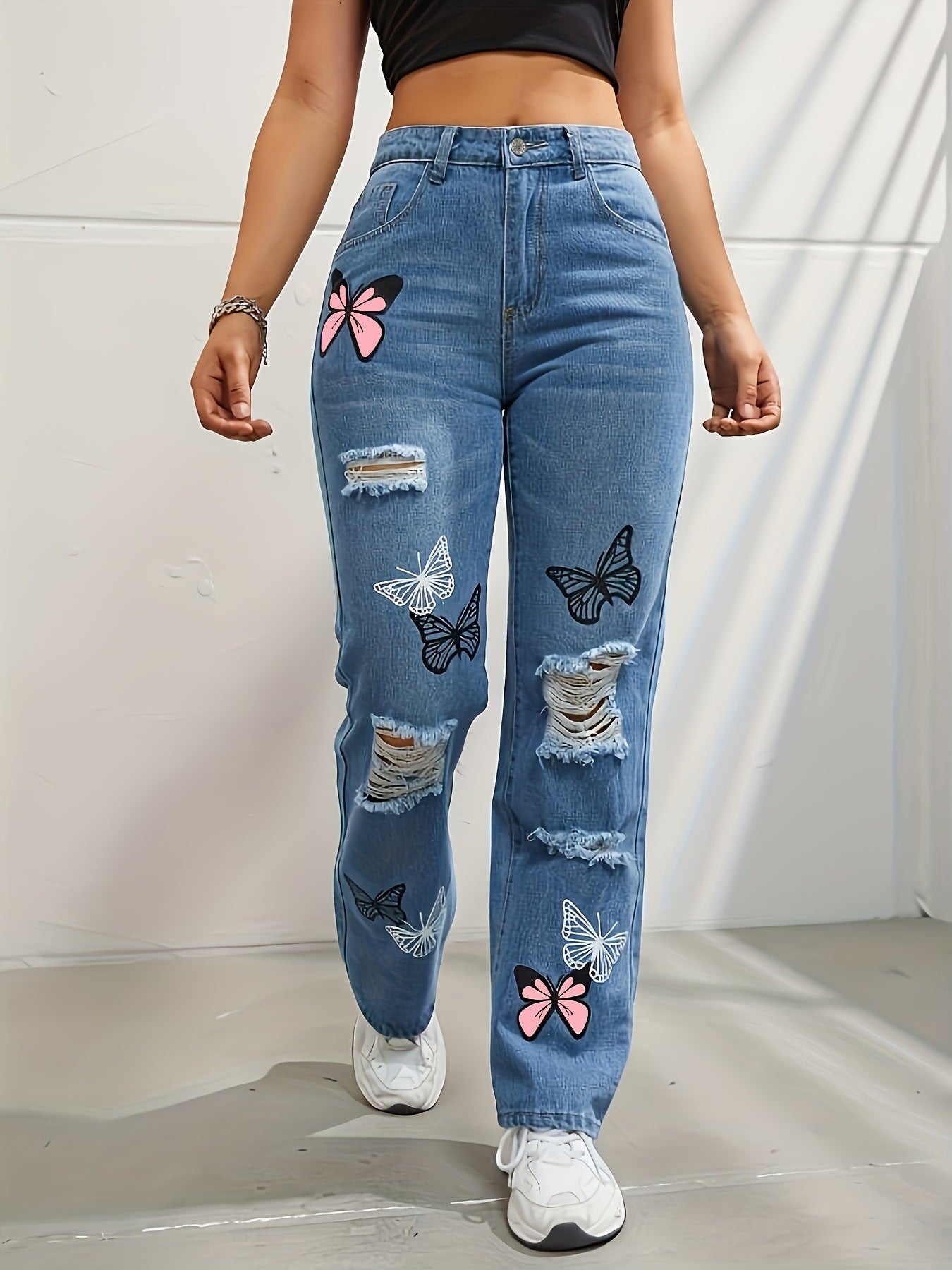 Trendy High Waisted Butterfly Leg Jeans For Women