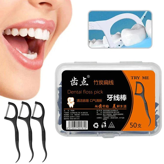 50pcs Interdental Brush & Floss Picks – Bamboo Charcoal - Maison Novaire #