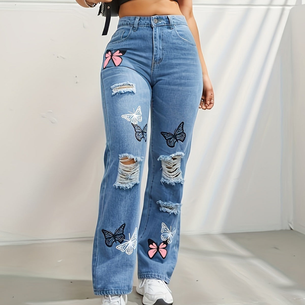 Trendy High Waisted Butterfly Leg Jeans For Women