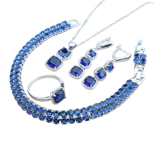 925 Sterling Silver Jewelry Set – Blue Zircon Bridal Necklace, Earrings & Bracelet - Maison Novaire