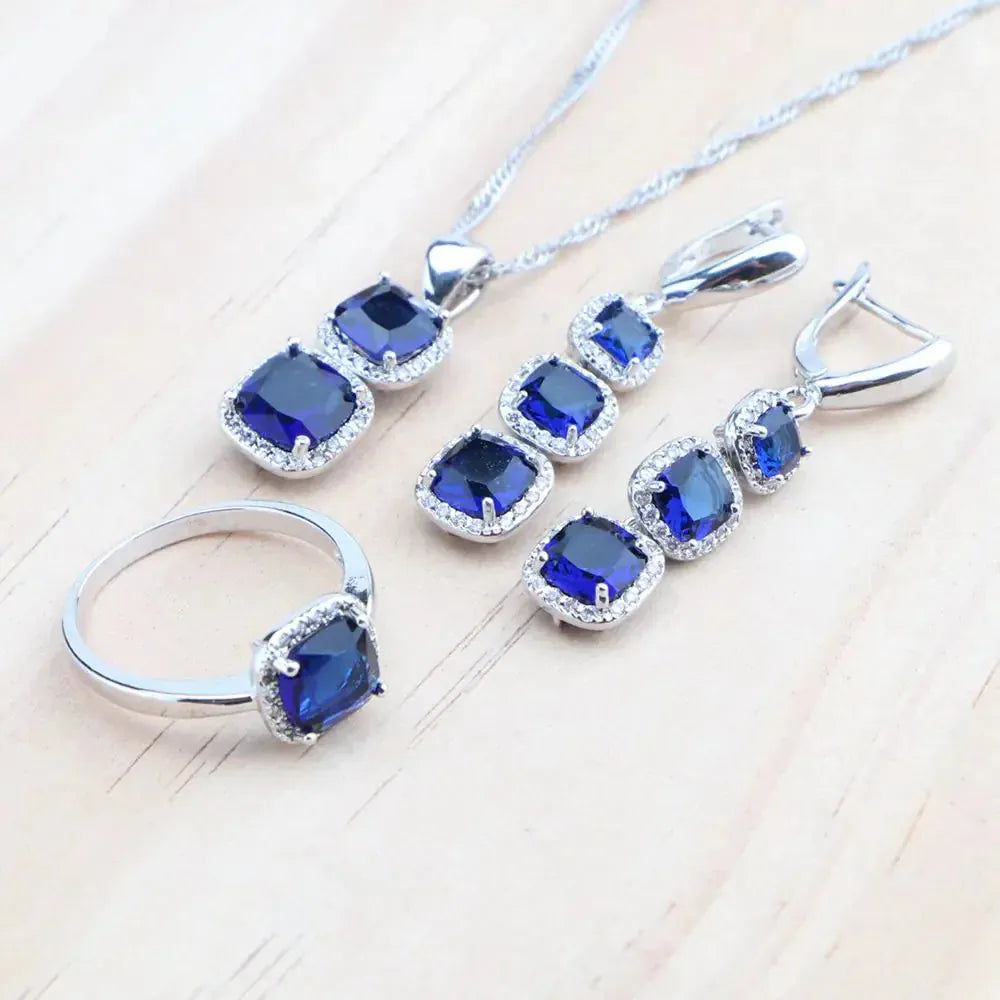 925 Sterling Silver Jewelry Set – Blue Zircon Bridal Necklace, Earrings & Bracelet - Maison Novaire #