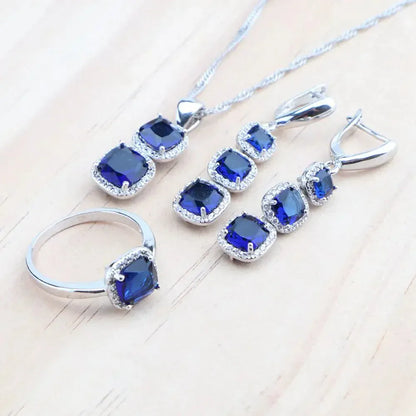 925 Sterling Silver Jewelry Set – Blue Zircon Bridal Necklace, Earrings & Bracelet - Maison Novaire #