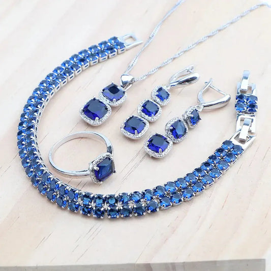 925 Sterling Silver Jewelry Set – Blue Zircon Bridal Necklace, Earrings & Bracelet - Maison Novaire