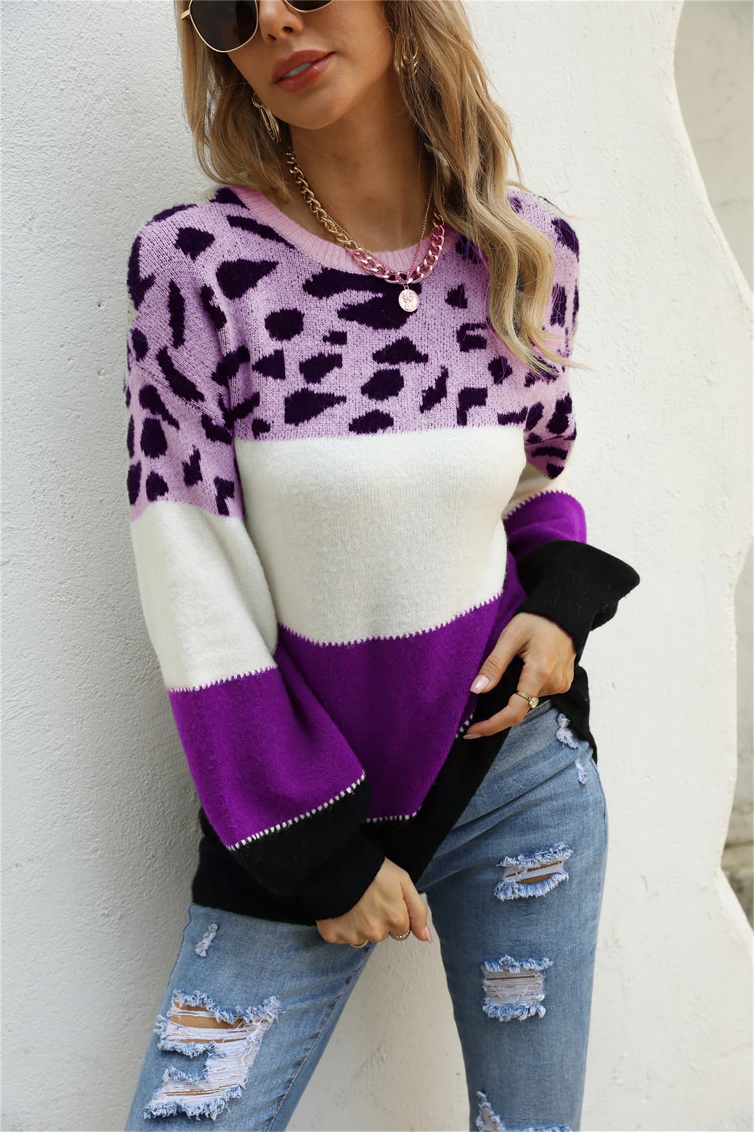 Angel Wings Color Block Round Neck Lantern Sleeve Sweater. - Maison Novaire #
