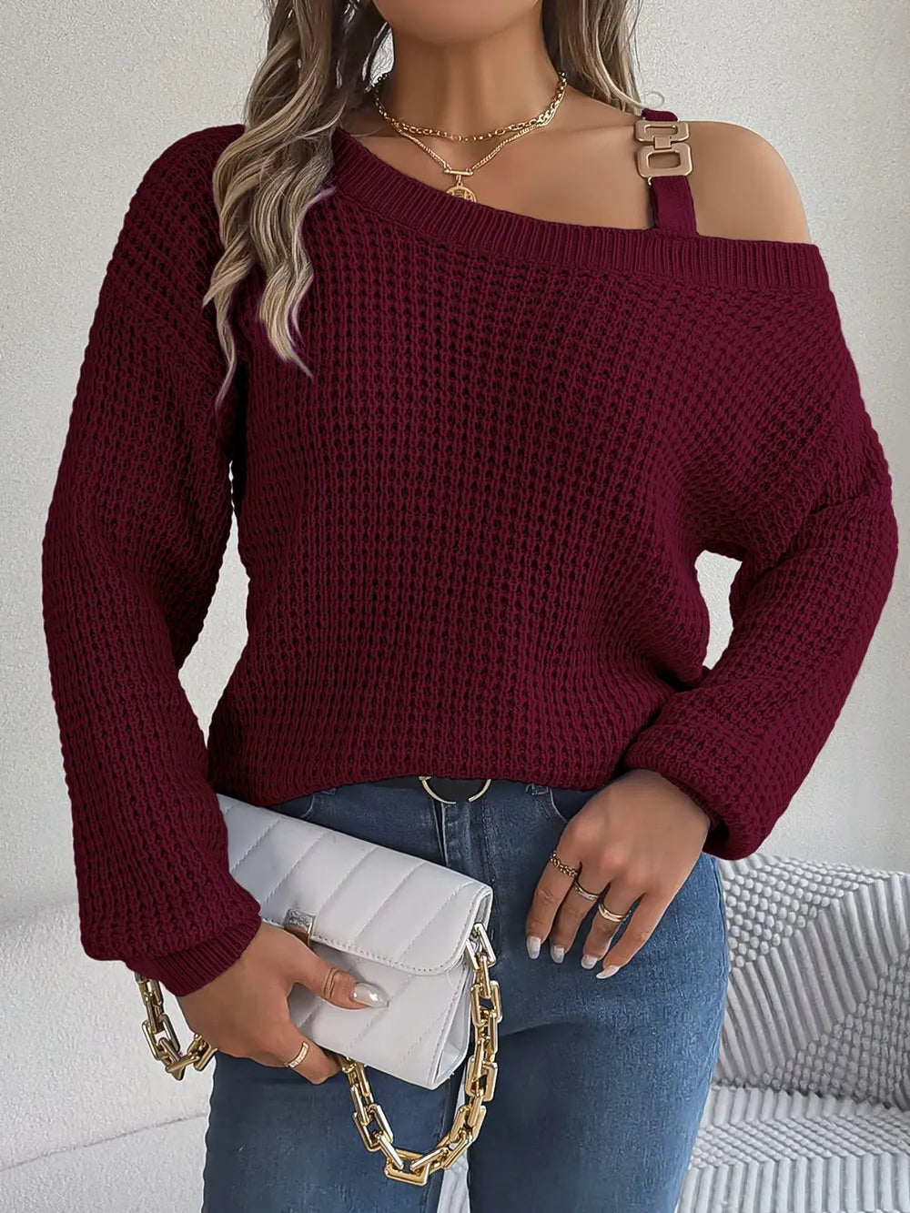 Asymmetrical Neck Long Sleeve Sweater. - Maison Novaire #
