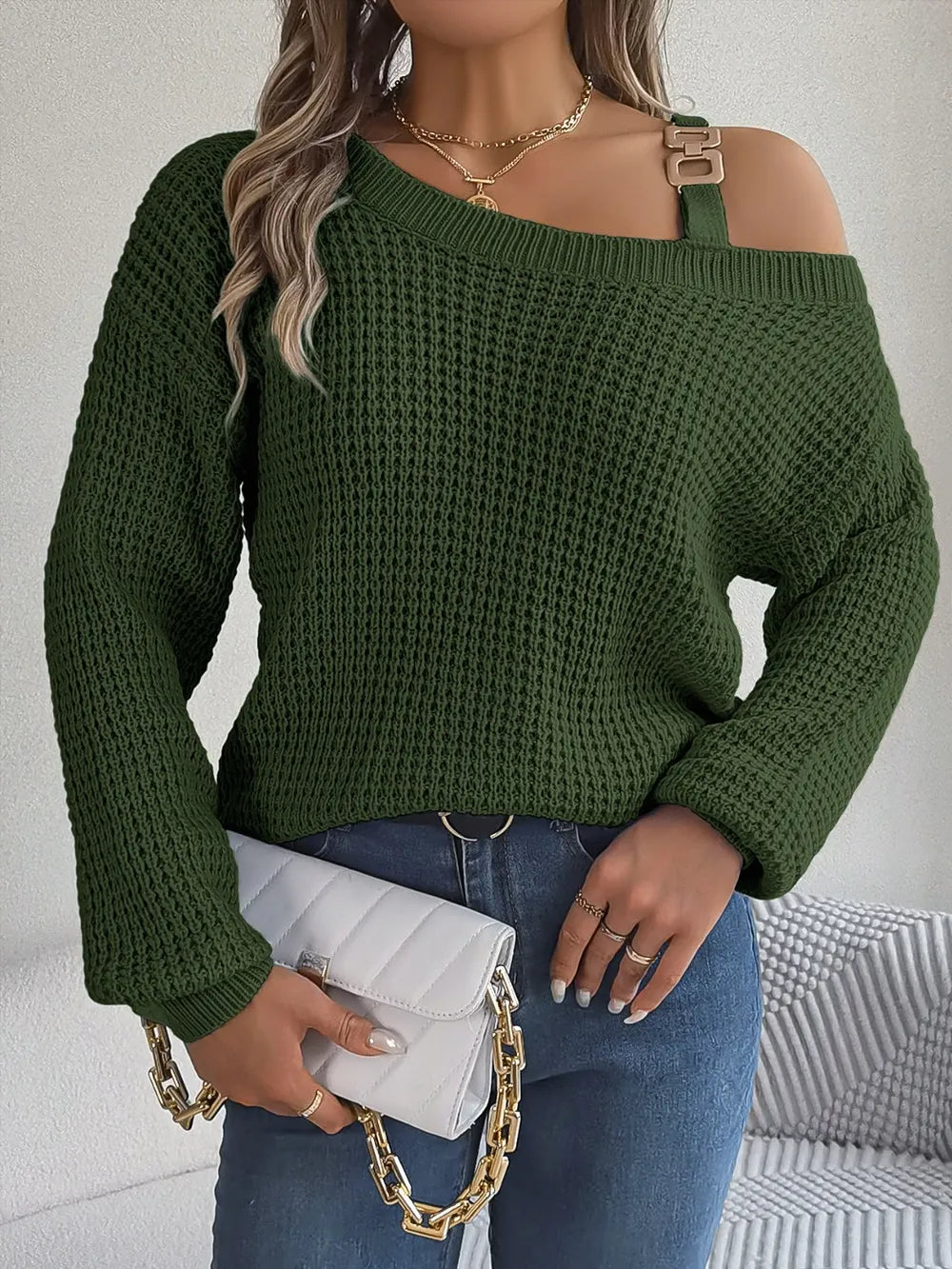 Asymmetrical Neck Long Sleeve Sweater. - Maison Novaire #