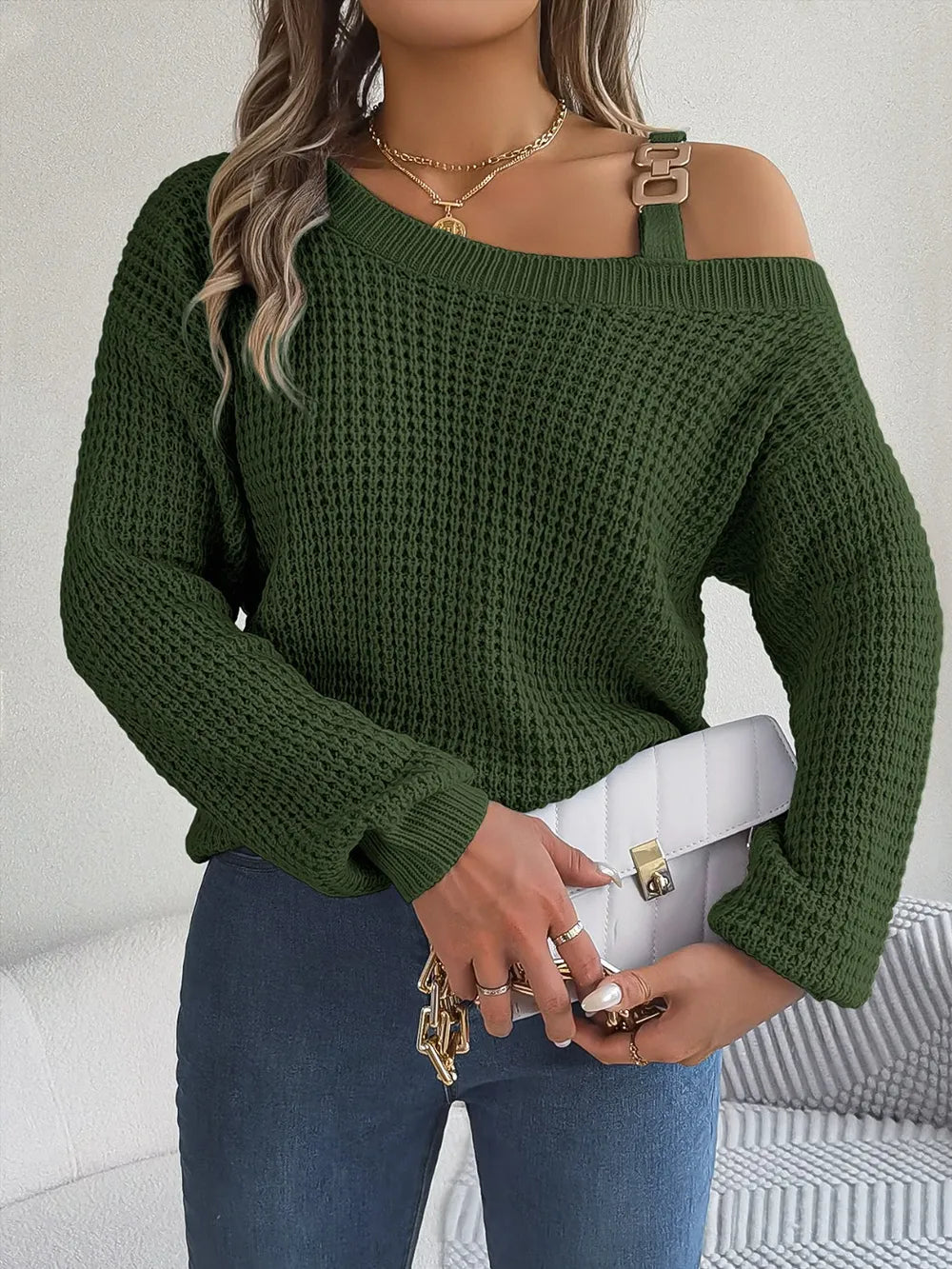 Asymmetrical Neck Long Sleeve Sweater. - Maison Novaire #