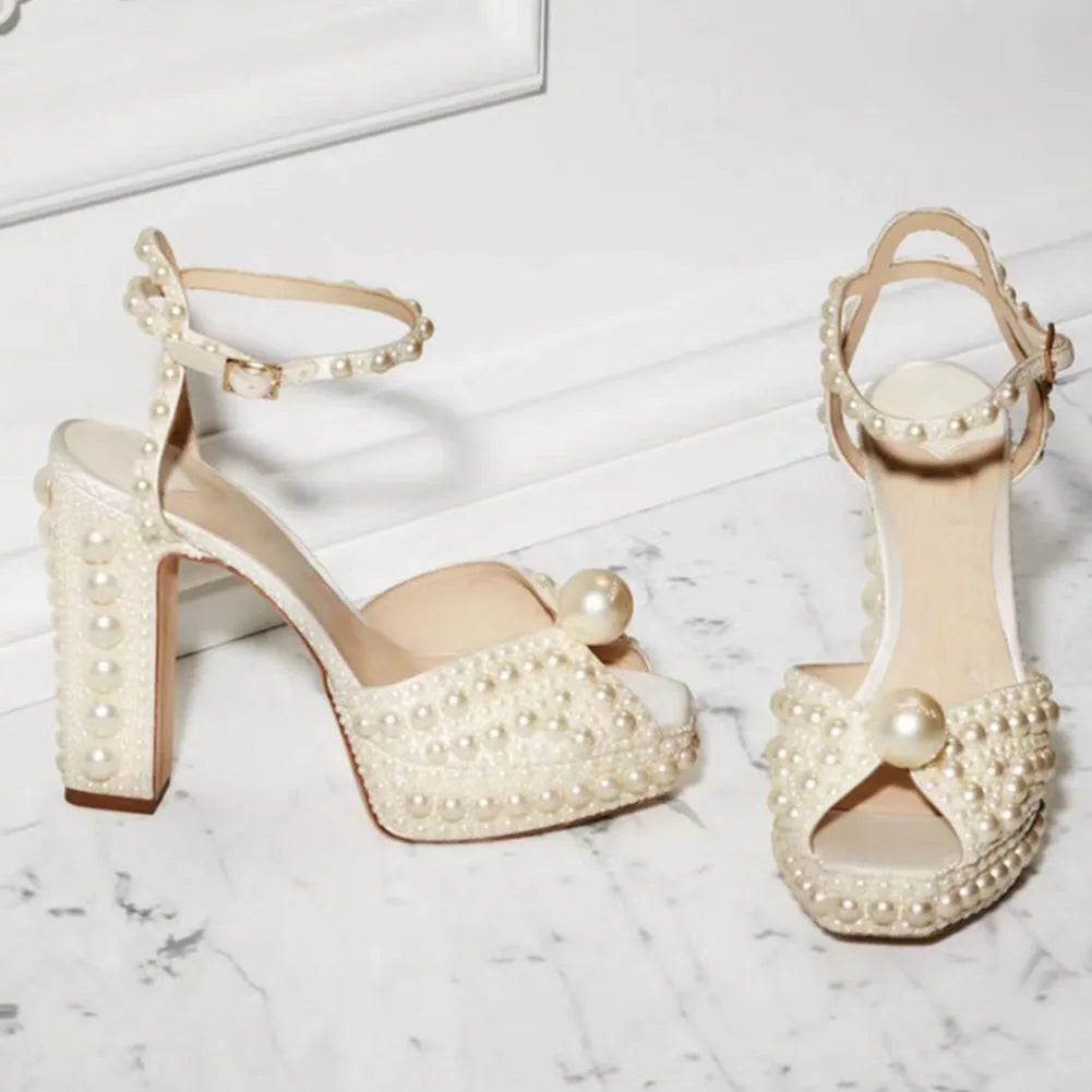 Beaded Thick Heel Platform Sandals For Women. - Maison Novaire #