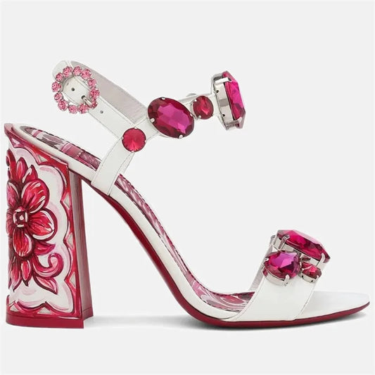 Bohemia Rhinestone Thick Heel Open Toe Sandals. - Maison Novaire