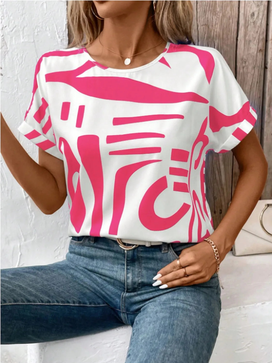 Contrast Round Neck Short Sleeve Blouse - Maison Novaire #