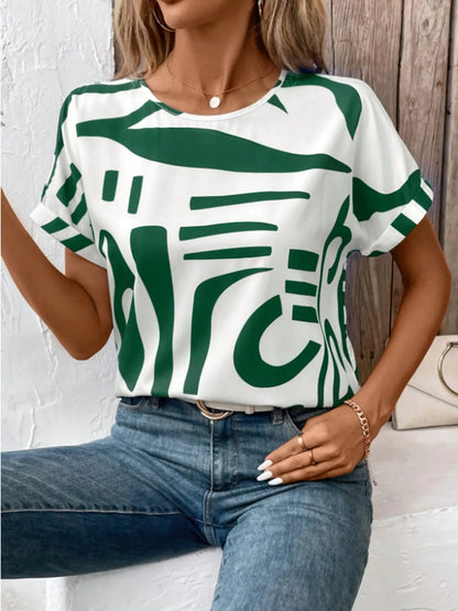 Contrast Round Neck Short Sleeve Blouse - Maison Novaire #
