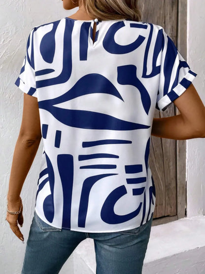 Contrast Round Neck Short Sleeve Blouse - Maison Novaire #