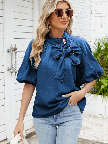 Denim Bow Tie Puff Sleeve Ladies Top - Maison Novaire #