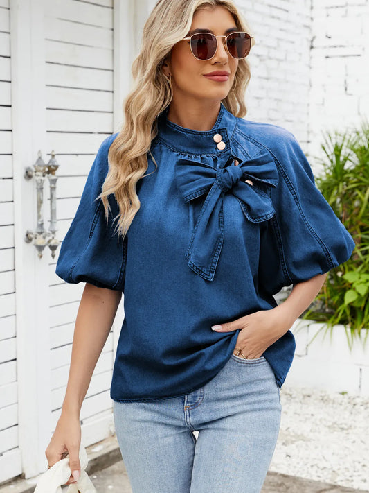 Denim Bow Tie Puff Sleeve Ladies Top - Maison Novaire
