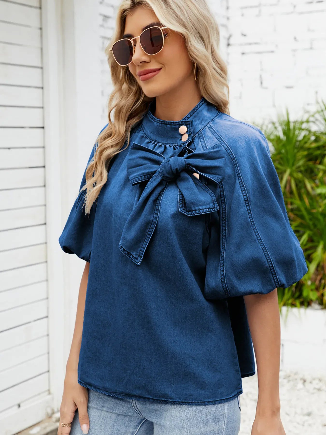 Denim Bow Tie Puff Sleeve Ladies Top - Maison Novaire #