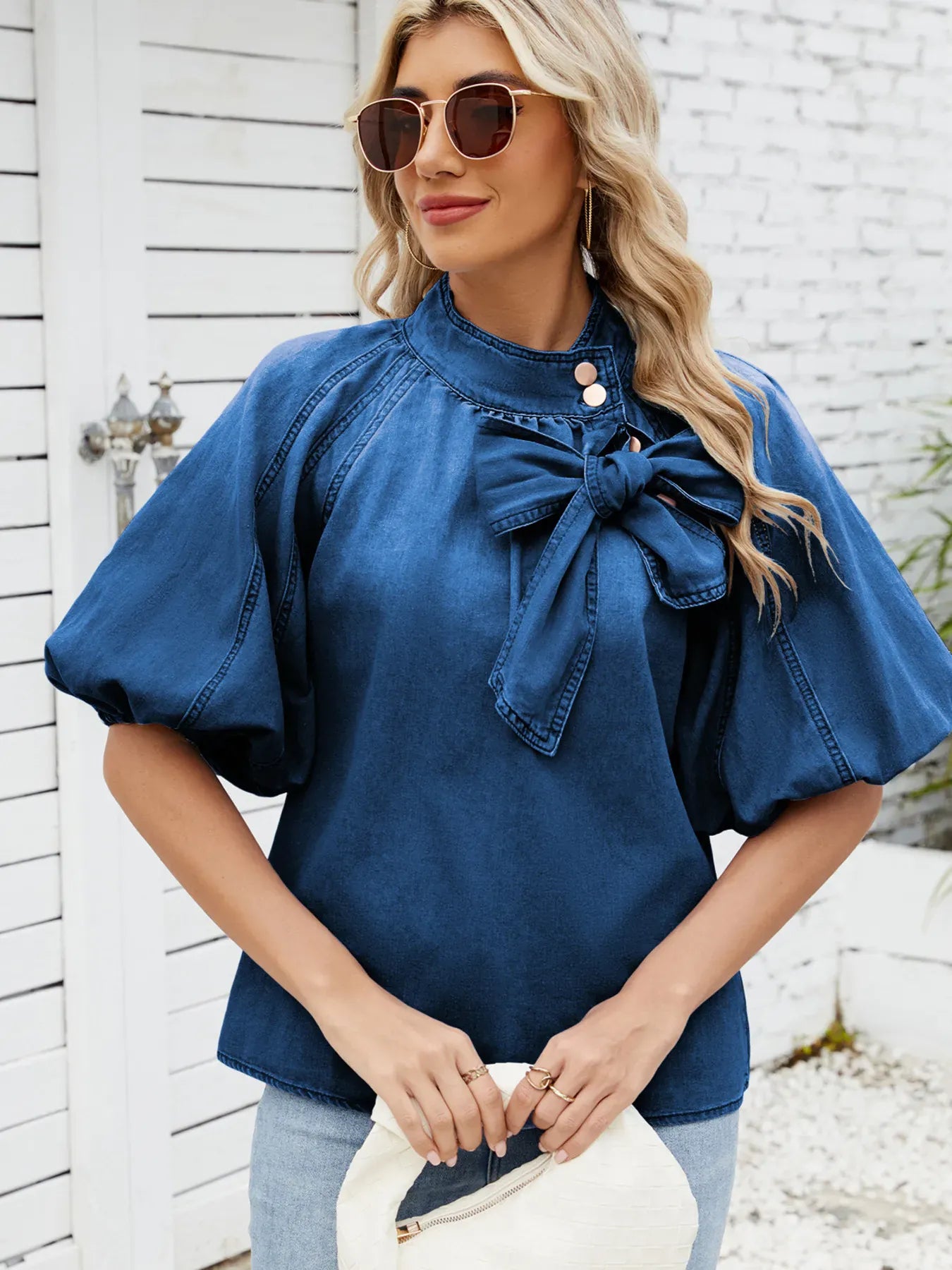 Denim Bow Tie Puff Sleeve Ladies Top - Maison Novaire #