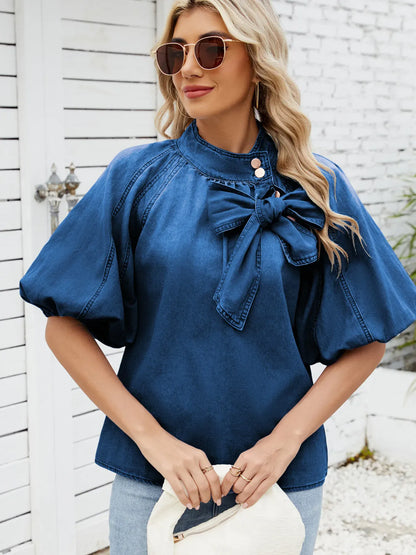 Denim Bow Tie Puff Sleeve Ladies Top - Maison Novaire #