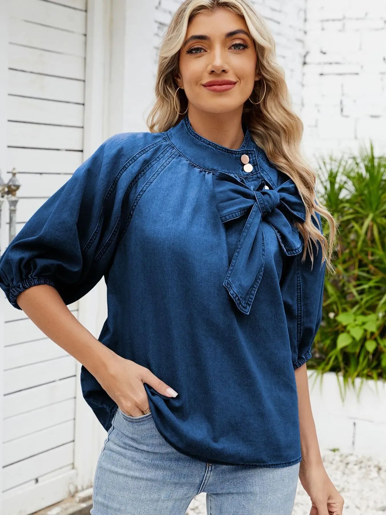 Denim Bow Tie Puff Sleeve Ladies Top - Maison Novaire #