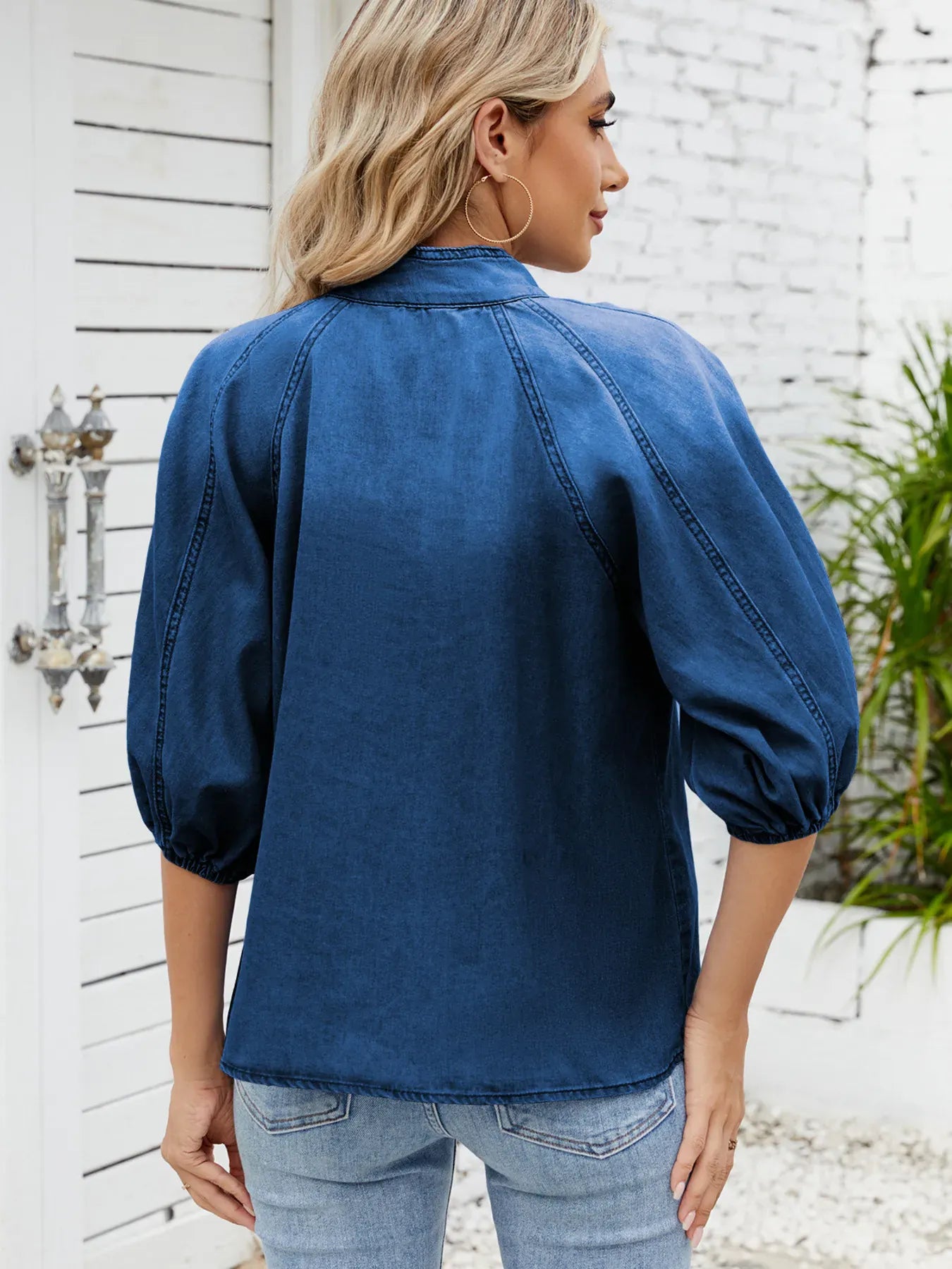 Denim Bow Tie Puff Sleeve Ladies Top - Maison Novaire #
