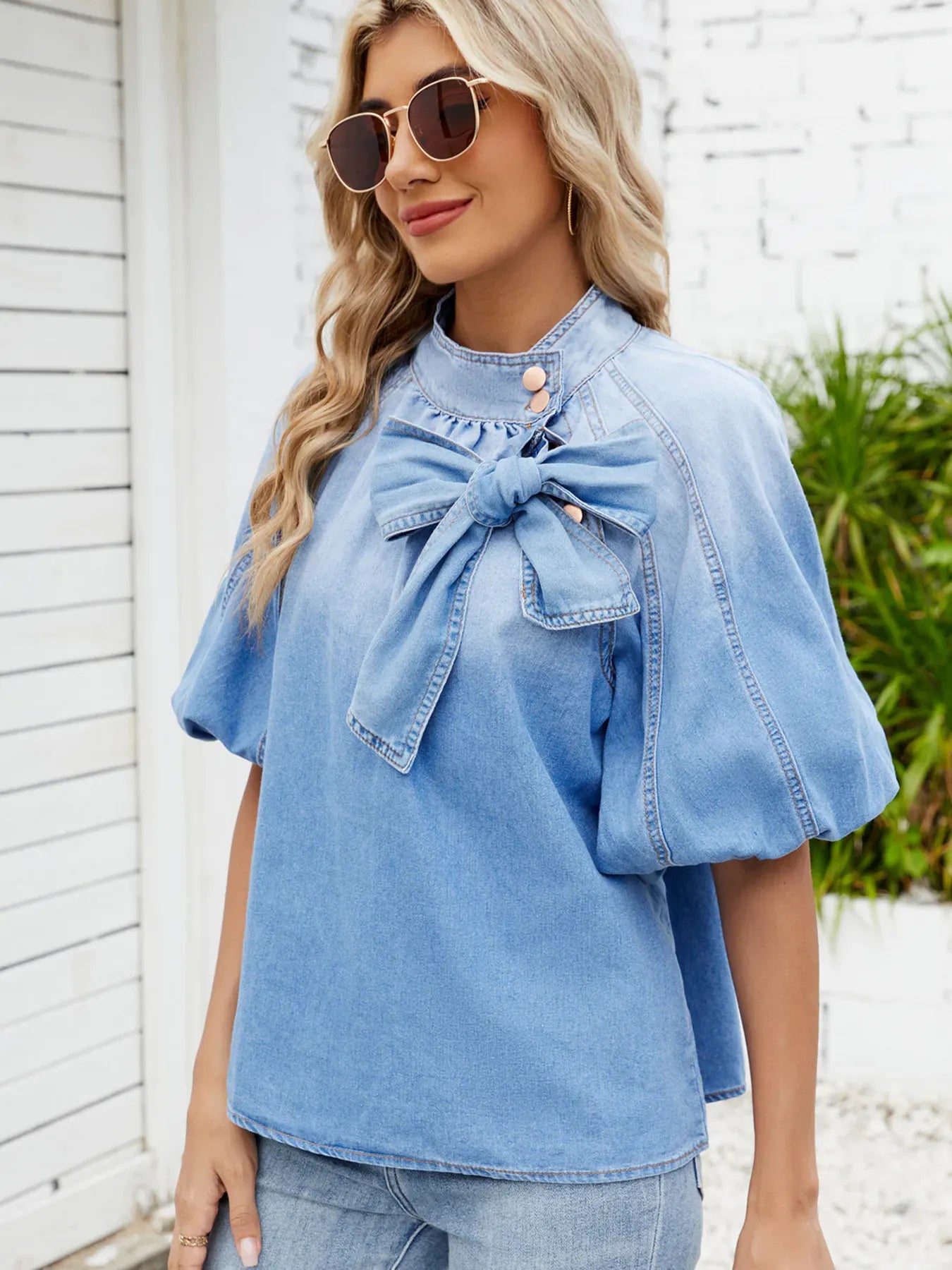 Denim Bow Tie Puff Sleeve Ladies Top - Maison Novaire #