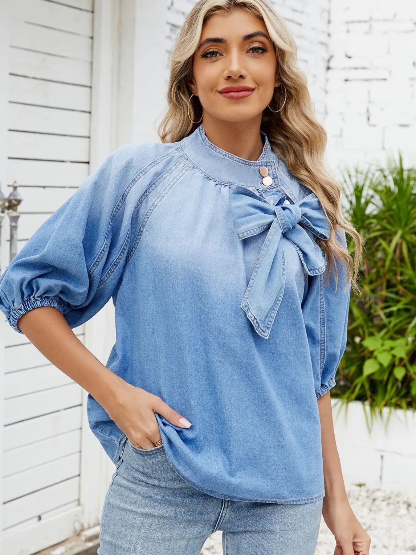 Denim Bow Tie Puff Sleeve Ladies Top - Maison Novaire #