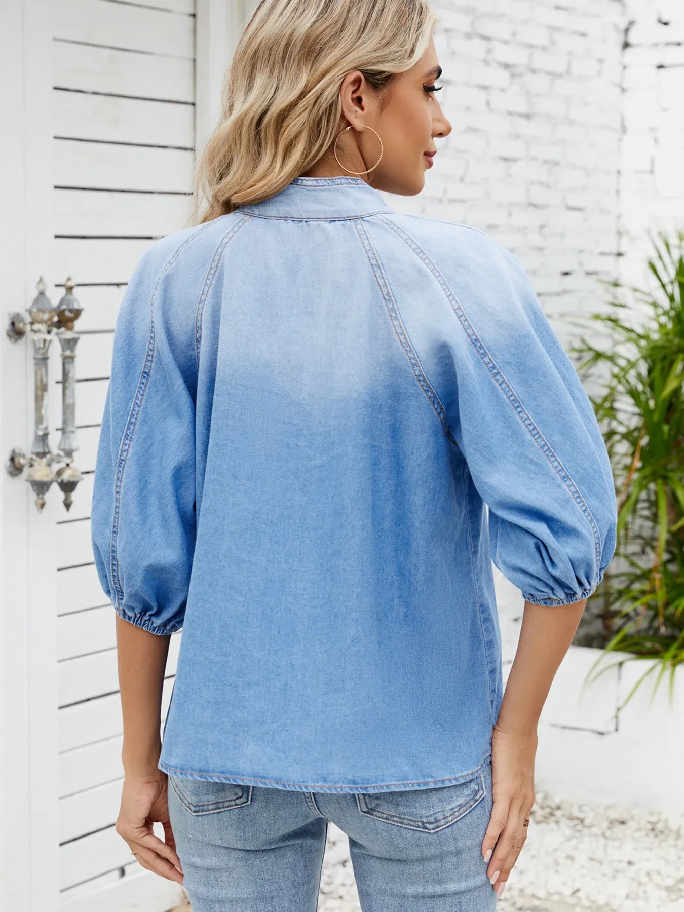 Denim Bow Tie Puff Sleeve Ladies Top - Maison Novaire #