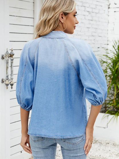 Denim Bow Tie Puff Sleeve Ladies Top - Maison Novaire #