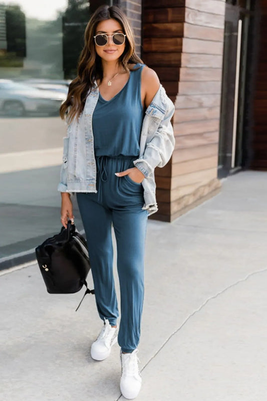 Drawstring Round Neck Sleeveless Jumpsuit. - Maison Novaire
