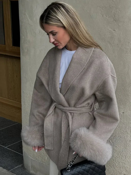 Elegant Lace-Up Woolen Coat for Women – Furry Lapel Patchwork Belted Short Jacket -Autumn/Winter - BLAKESTORE-NG