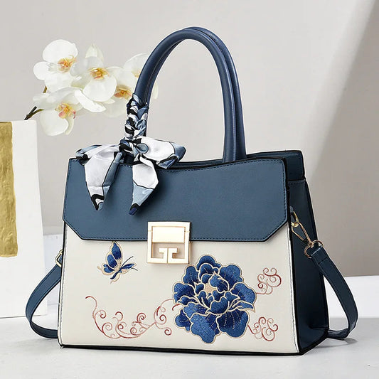 Embroidery Vintage Women Handbag Scarf Bow Classical Shoulder Crossbody Bag. Mother's Day Gift. - Maison Novaire