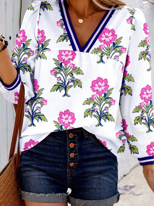 Floral Print Striped V Neck Blouse - Maison Novaire