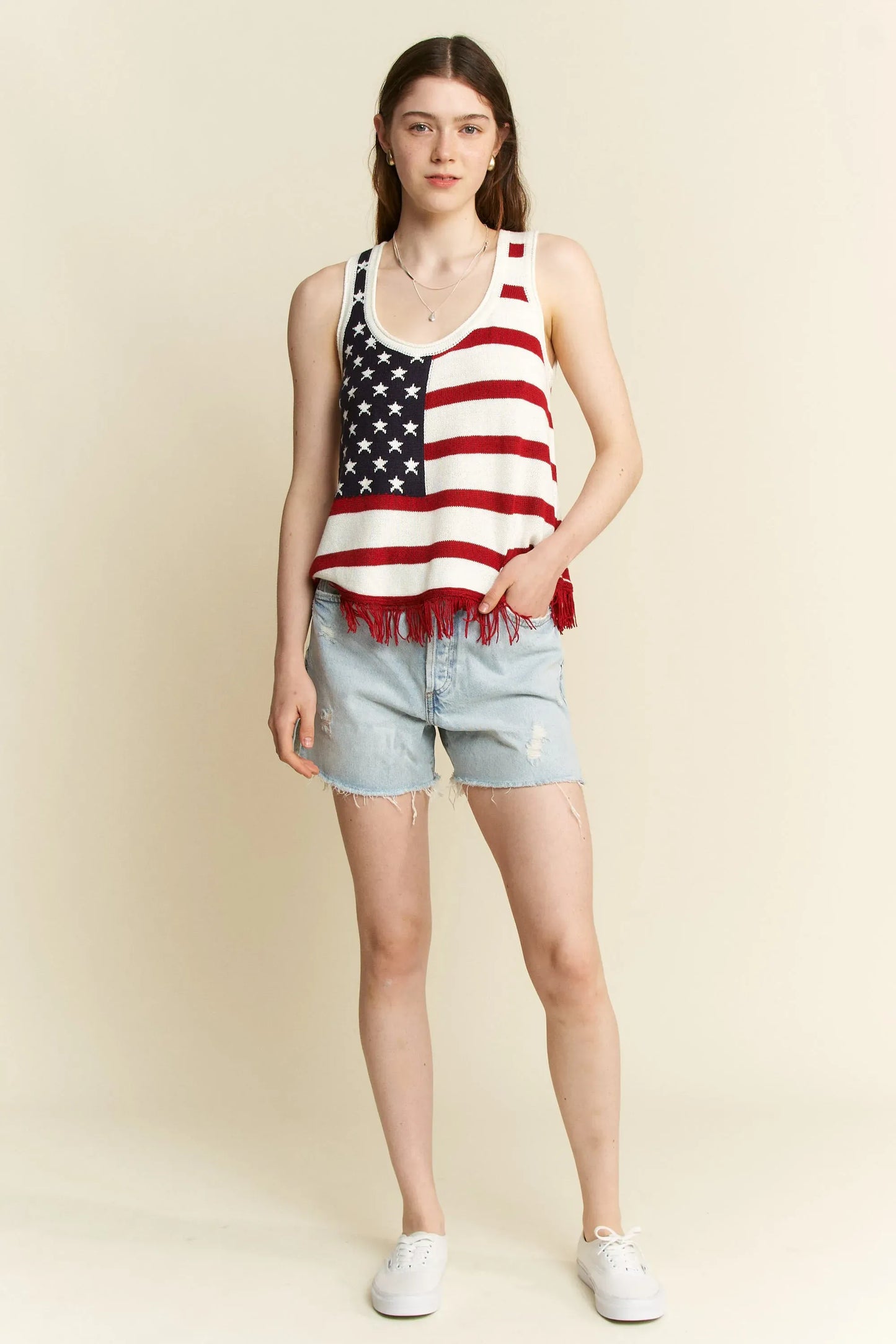 Full Size American Flag Fringe Tank Top Plus Size - Maison Novaire #