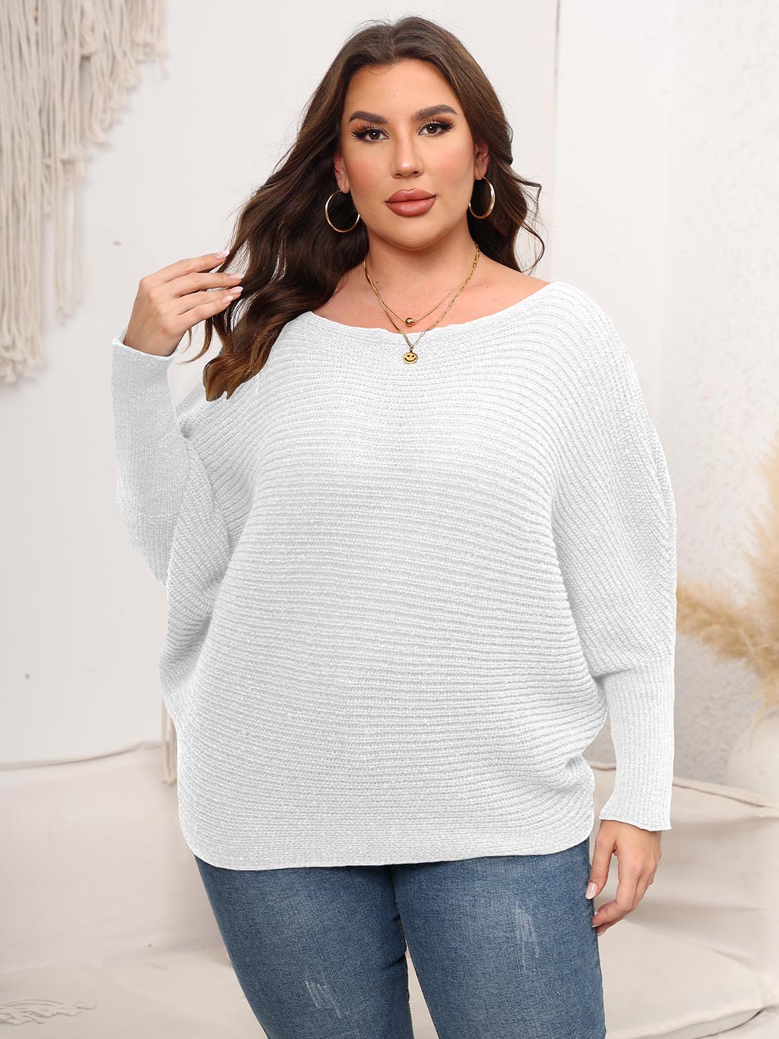 Full Size Boat Neck Batwing Sleeve Sweater. - Maison Novaire #