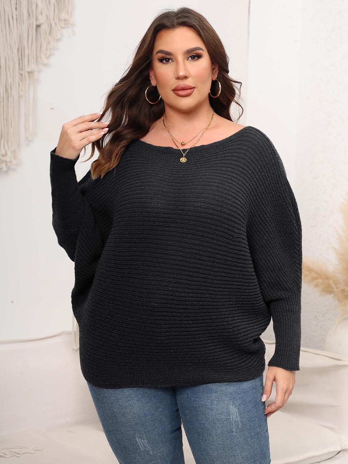 Full Size Boat Neck Batwing Sleeve Sweater. - Maison Novaire #
