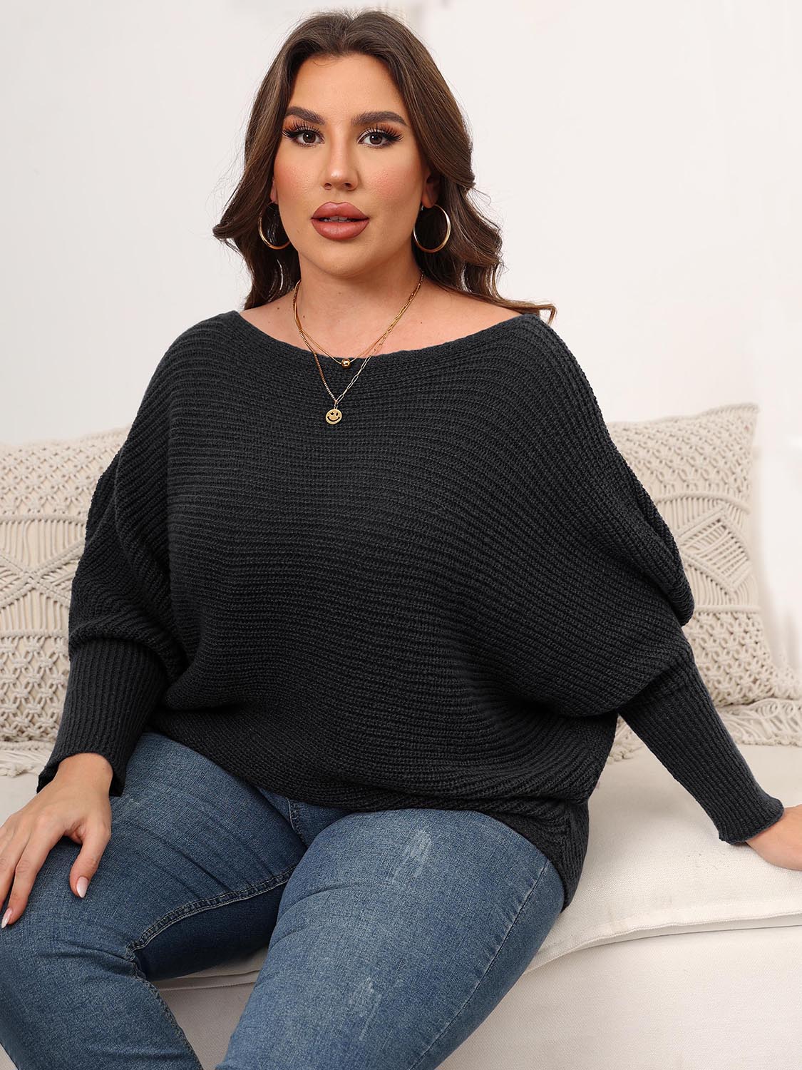Full Size Boat Neck Batwing Sleeve Sweater. - Maison Novaire #