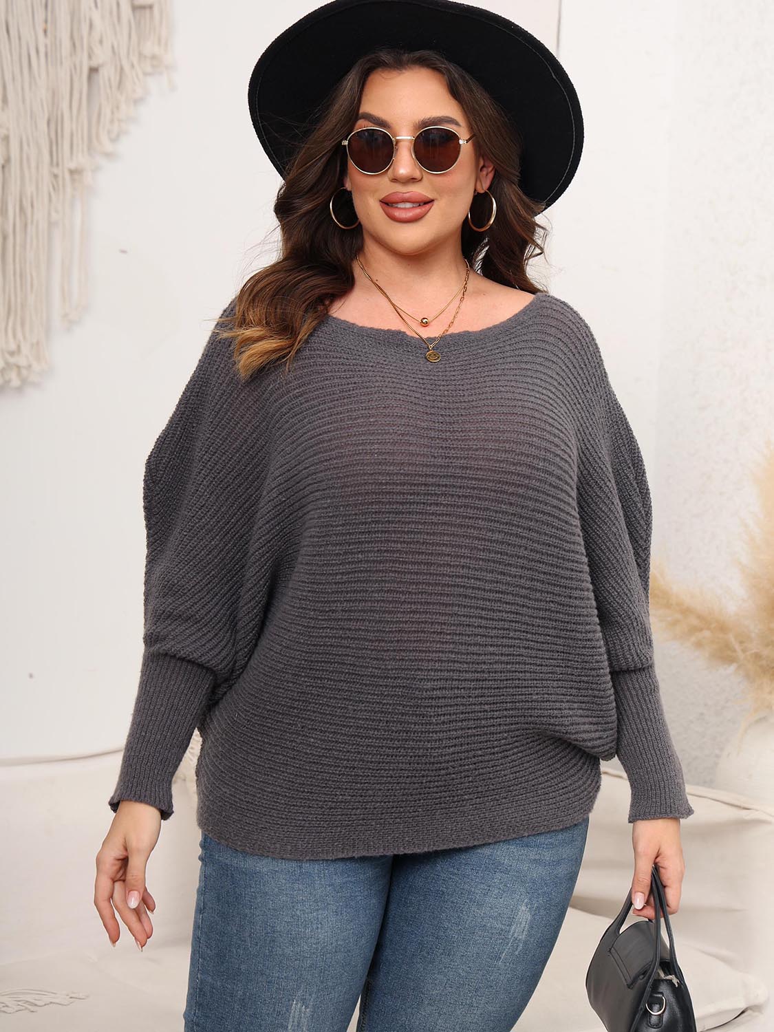 Full Size Boat Neck Batwing Sleeve Sweater. - Maison Novaire #