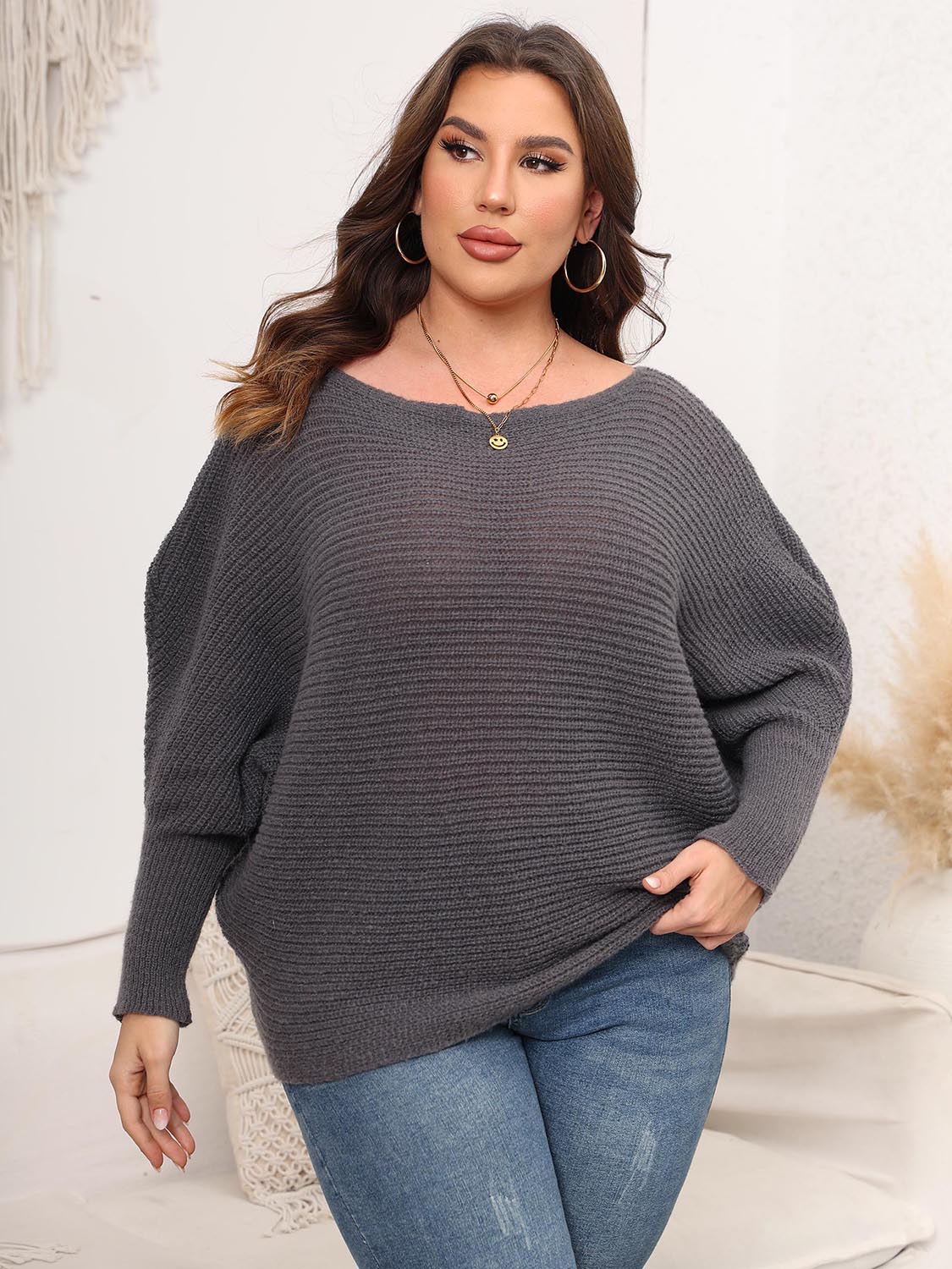Full Size Boat Neck Batwing Sleeve Sweater. - Maison Novaire #