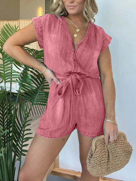Full Size Waist Cap Sleeve Denim Romper Plus Size. - BLAKESTORE-NG
