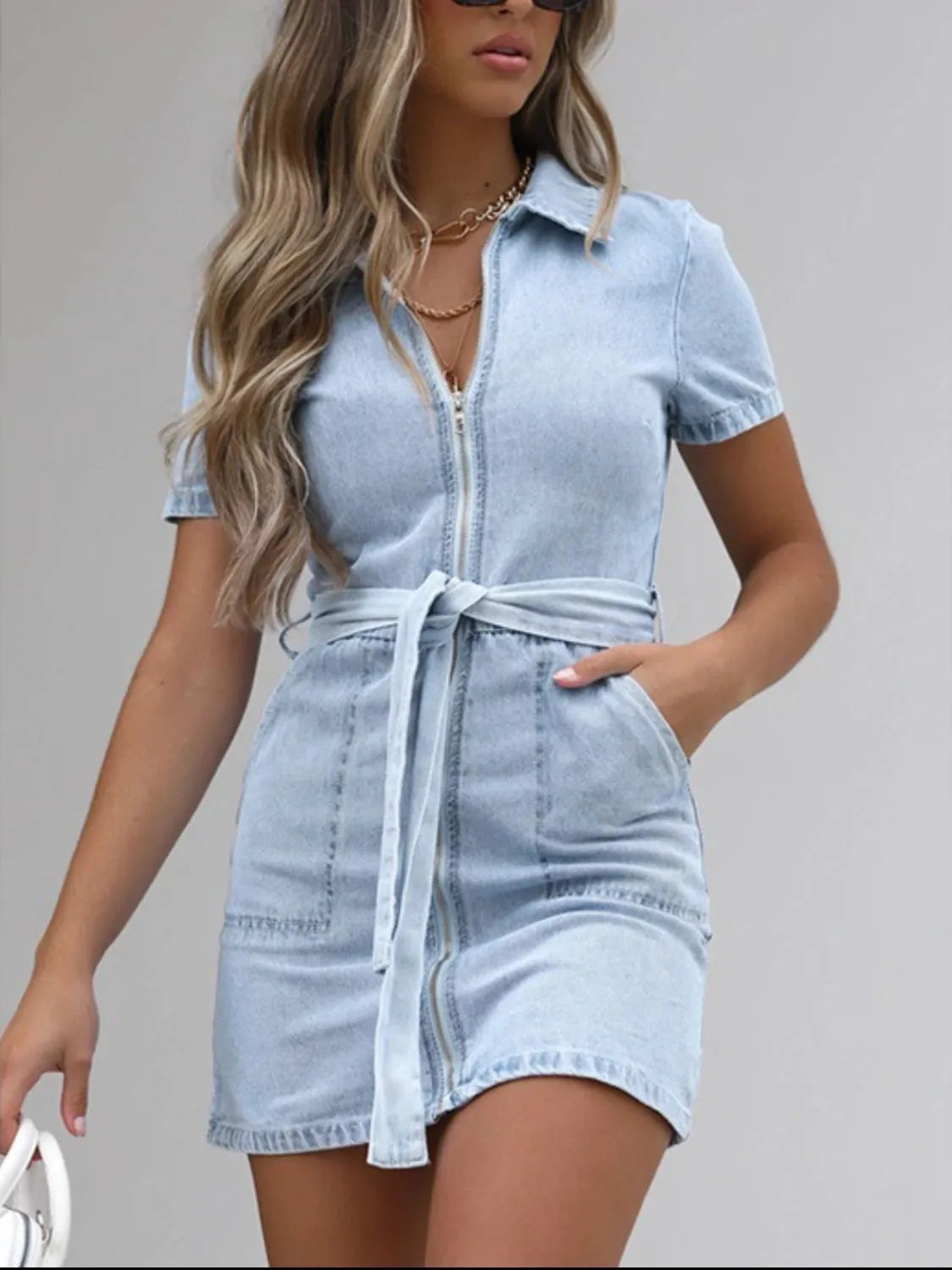 Full Size Zip Front Short Sleeve Denim Dress Plus Size. - Maison Novaire #