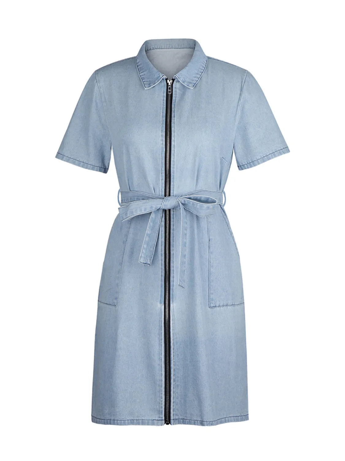 Full Size Zip Front Short Sleeve Denim Dress Plus Size. - Maison Novaire #