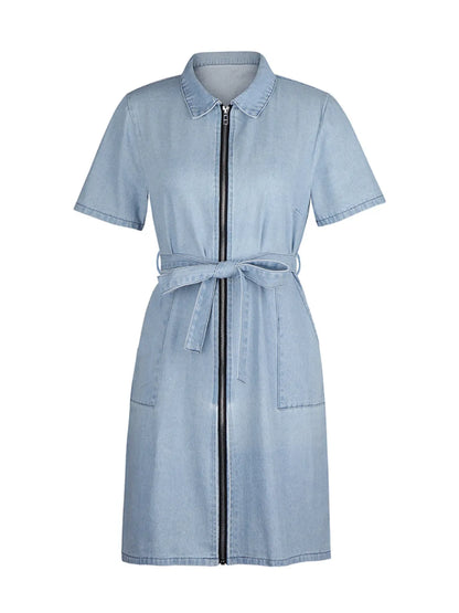 Full Size Zip Front Short Sleeve Denim Dress Plus Size. - Maison Novaire #