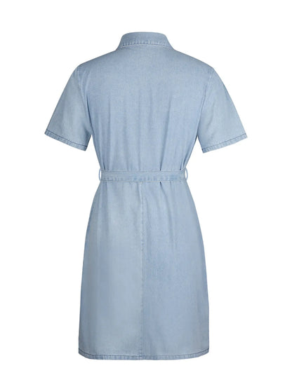 Full Size Zip Front Short Sleeve Denim Dress Plus Size. - Maison Novaire #