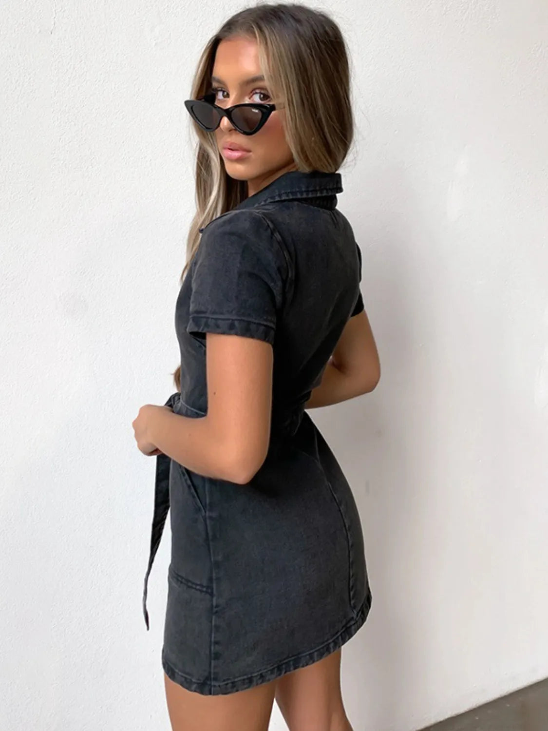 Full Size Zip Front Short Sleeve Denim Dress Plus Size. - Maison Novaire #