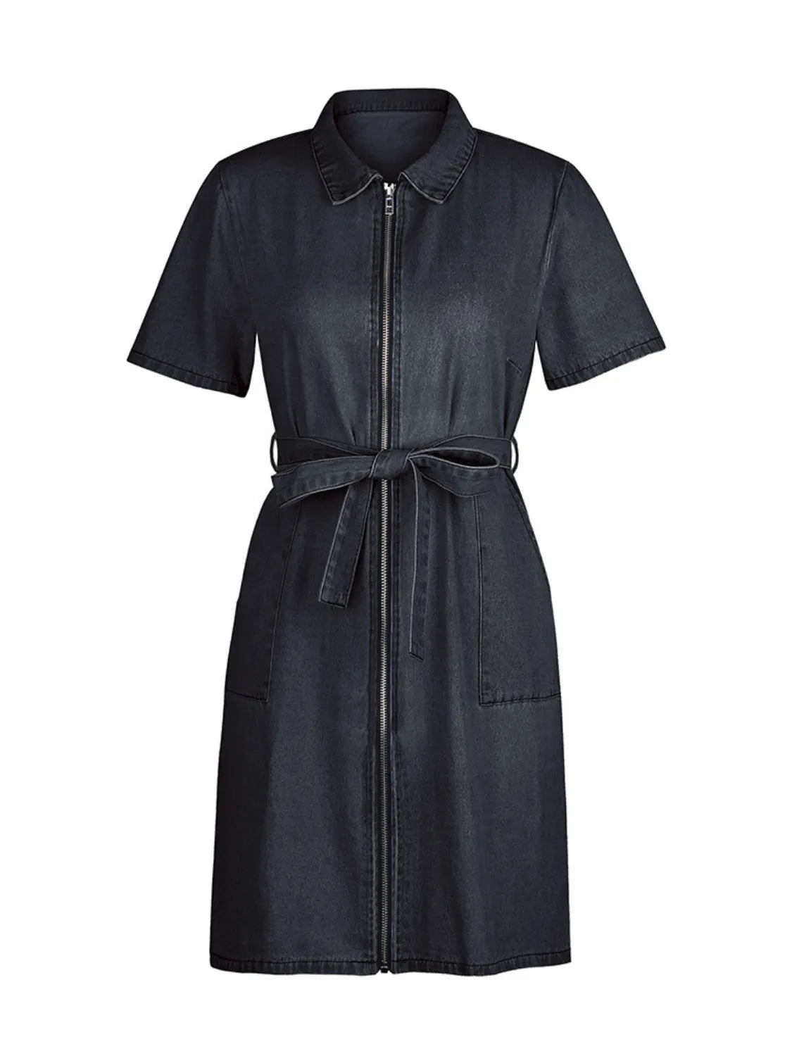 Full Size Zip Front Short Sleeve Denim Dress Plus Size. - Maison Novaire #